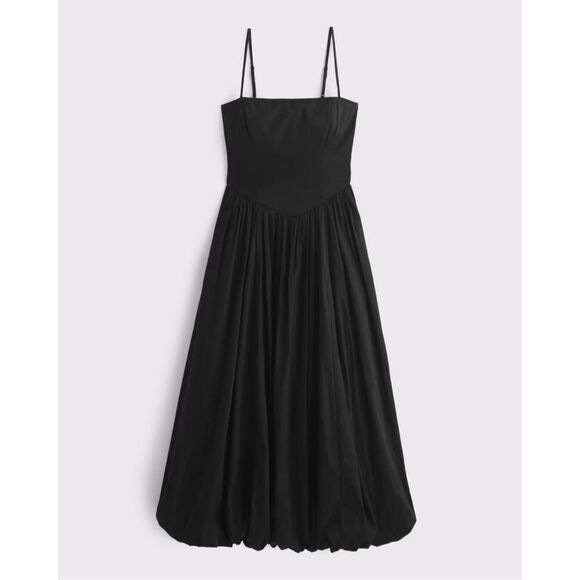 Abercrombie & Fitch Dipped-Waist Bubble Hem Midi Dress SP Black - Picture 1 of 8